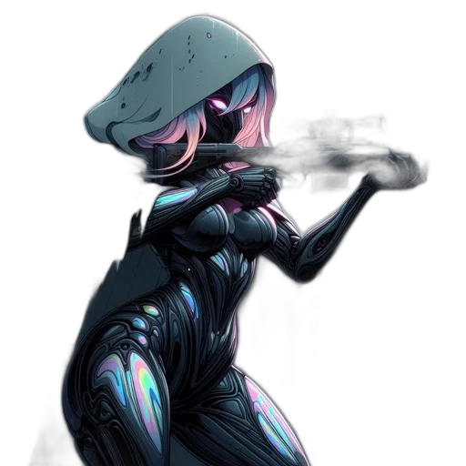 robot, weapon, dress, mask, concept art, cyberpunk, comic book art, vaporwave transparent PNG cut-out