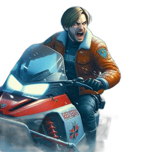 jacket, concept art, cyberpunk, comic book art, photorealistic, outer space, man, snowmobile transparent PNG cut-out