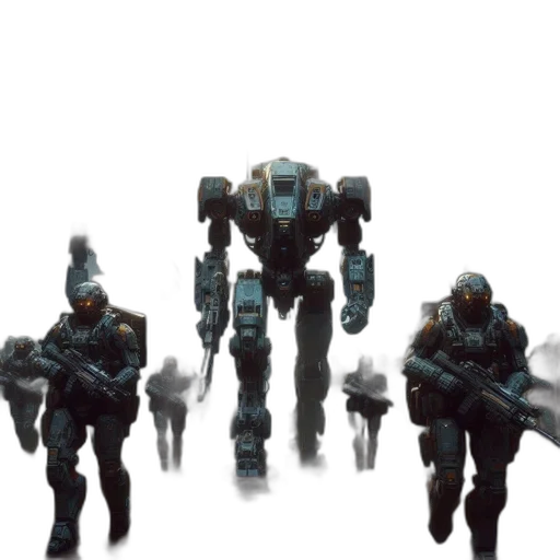 robot, weapon, creature, concept art, 3d render, pixel art, cyberpunk, outer space transparent PNG cut-out