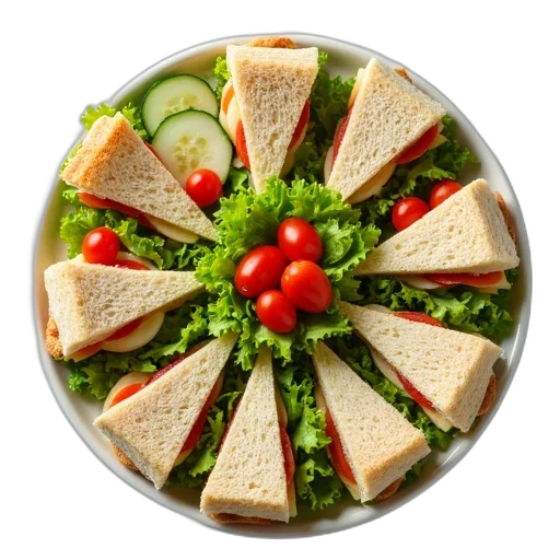 food, round, plate, filled, variety, sandwiches, salad, presented transparent PNG cut-out