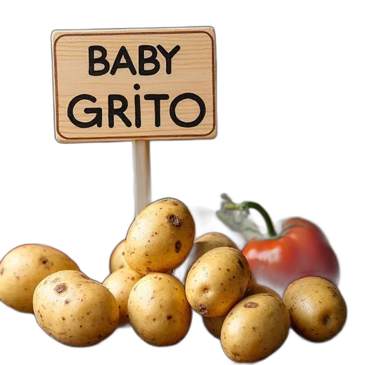 food, photorealistic, sign, says, babygrito, spuds, vegetables transparent PNG cut-out