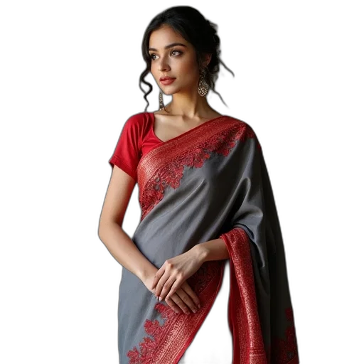 dress, red, ishin, grey, saree, lace, border transparent PNG cut-out