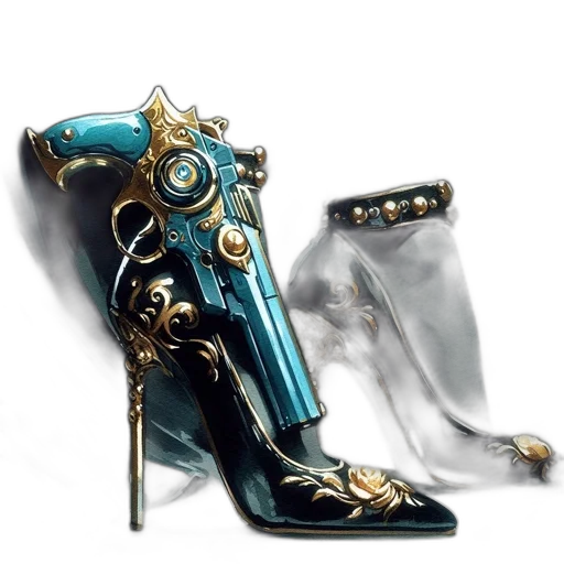 shoes, weapon, jewelry, robot, concept art, fantasy art, 3d render, photorealistic transparent PNG cut-out