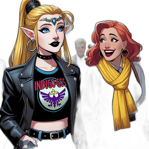 comic book art, concept art, cartoon, two, females, distinct, hairstyles, clothing transparent PNG cut-out