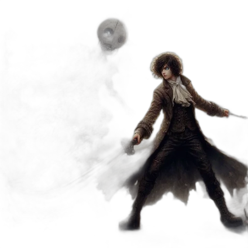 staff, jacket, creature, concept art, fantasy art, comic book art, pixel art, fog transparent PNG cut-out