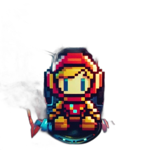 robot, mask, weapon, crown, pixel art, concept art, 3d render, vaporwave transparent PNG cut-out