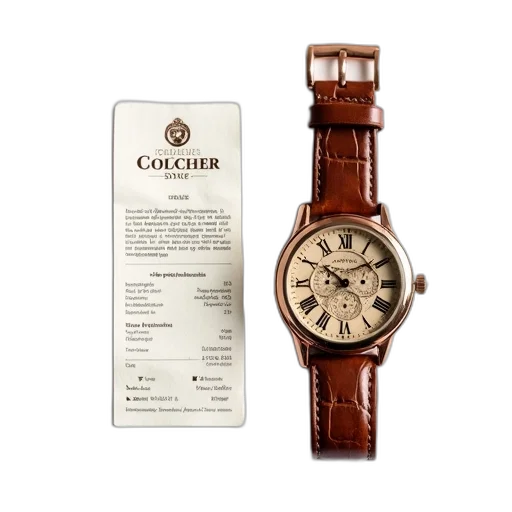 brown, leather, wristwatch, copper, buckle, placed, white, background transparent PNG cut-out