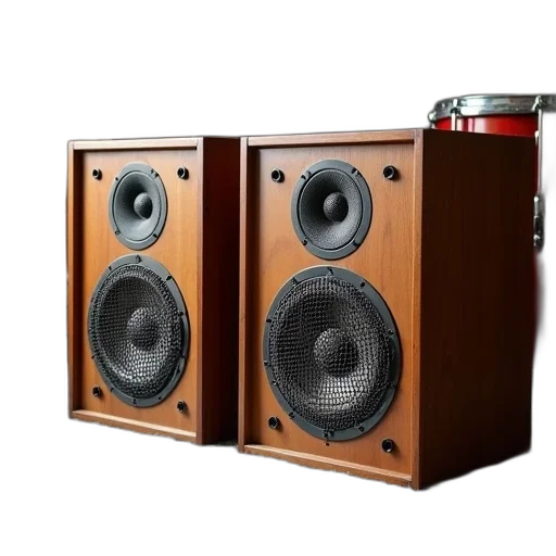 pair, vintage, wooden, speakers, woven, grille, design, placed transparent PNG cut-out