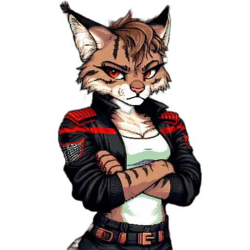 jacket, pixel art, cartoon, cyberpunk, concept art, red, anthropomorphic, cat-like transparent PNG cut-out