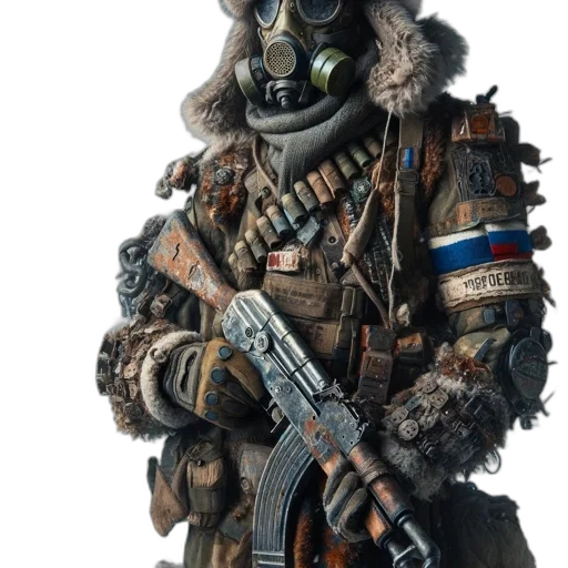 jacket, mask, weapon, robot, concept art, cyberpunk, fantasy art, 3d render transparent PNG cut-out