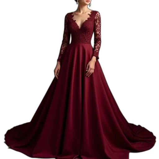 dress, photorealistic, red, dark, maroon, prom, lace, sleeves transparent PNG cut-out