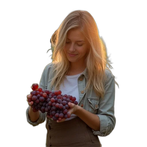 food, crown, hair, jacket, photorealistic, red, female, harvesting transparent PNG cut-out