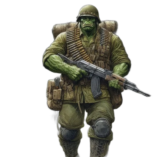 weapon, concept art, fantasy art, comic book art, 3d render, green, earth tones, armored transparent PNG cut-out