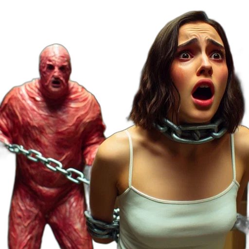 creature, concept art, comic book art, warehouse-like, setting, pink, drags, chained transparent PNG cut-out