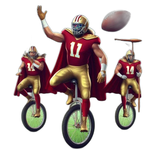 concept art, three, football, players, perform, acrobatics, unicycles, inside transparent PNG cut-out