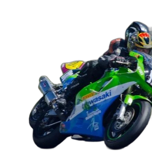 photorealistic, kawasaki, motorcycle, racer, leans, into, turn, racetrack transparent PNG cut-out