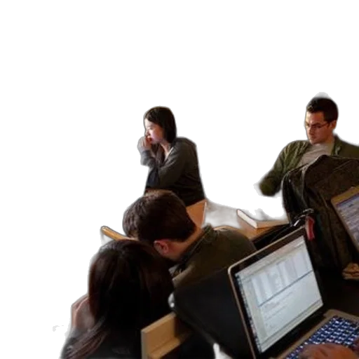 staff, group, people, sitting, around, table, laptops, cups transparent PNG cut-out