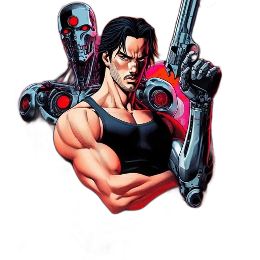 weapon, robot, comic book art, concept art, cyberpunk, cartoon, muscular, man transparent PNG cut-out