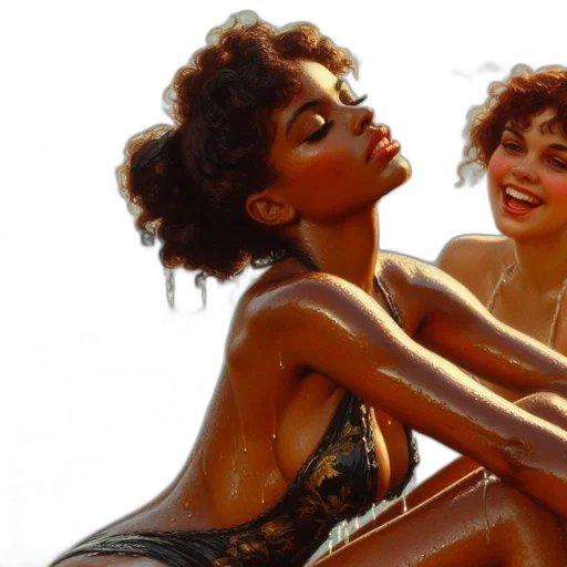 photorealistic, three, women, relax, beach, one, black, swimsuit transparent PNG cut-out