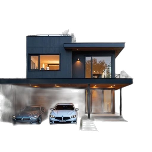 car, building, concept art, 3d render, photorealistic, earth tones, carporte, two transparent PNG cut-out