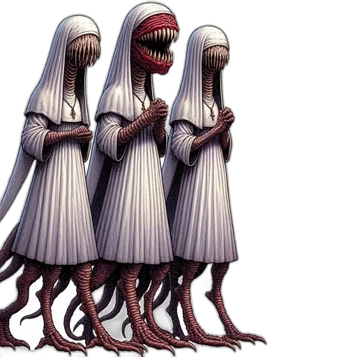 mask, creature, concept art, pixel art, three, robed, figures, grotesque transparent PNG cut-out