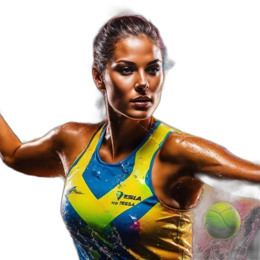 woman, athletic, attire, brand, tesila, highlighted, against, vibrant transparent PNG cut-out