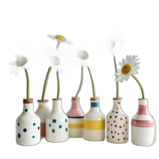 3d render, photorealistic, collection, white, ceramic, bottles, colorful, patterns transparent PNG cut-out