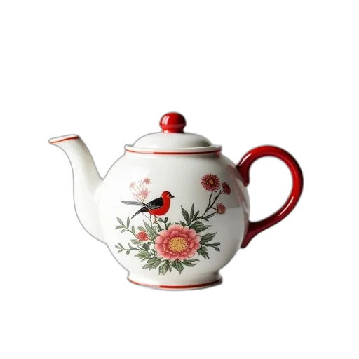 3d render, photorealistic, close-up, ceramic, teapot, white, base, red transparent PNG cut-out