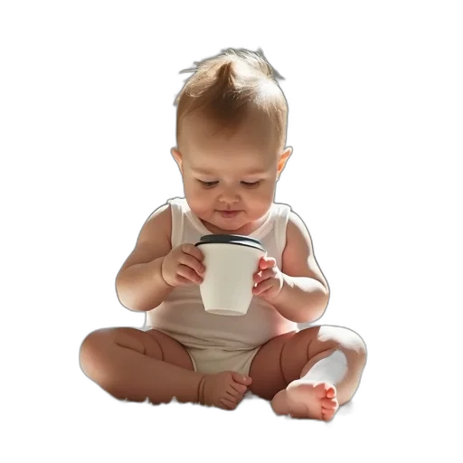 photorealistic, baby, sitting, floor, toy, cup, photo transparent PNG cut-out