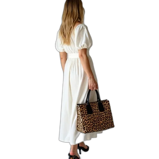 dress, woman, white, leopard, print, bag transparent PNG cut-out
