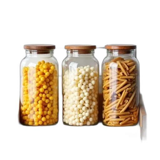 food, golden, wooden, shelf, three, glass, jars, containing transparent PNG cut-out