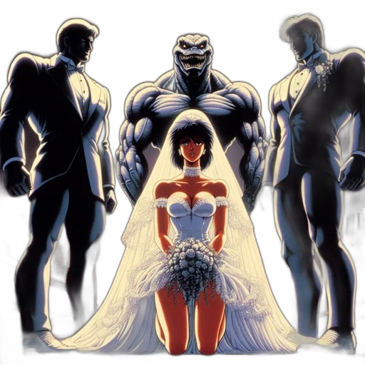 dress, robot, comic book art, concept art, monochrome, three, figures, stand transparent PNG cut-out