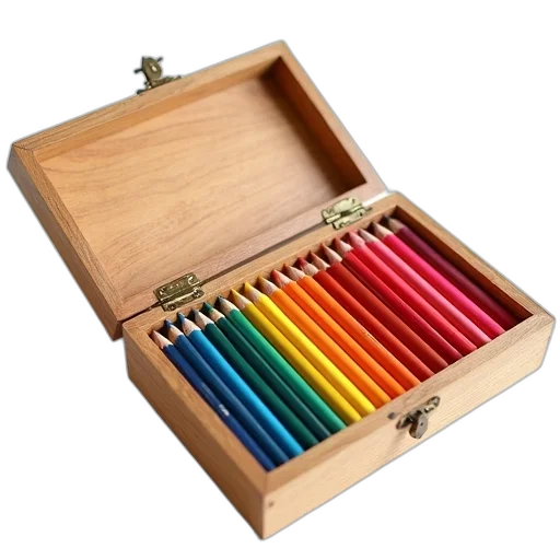 photorealistic, colorful, wooden, box, lid, open, revealing, set transparent PNG cut-out