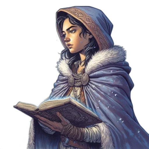 staff, face, fantasy art, concept art, comic book art, watercolor, snow, woman transparent PNG cut-out