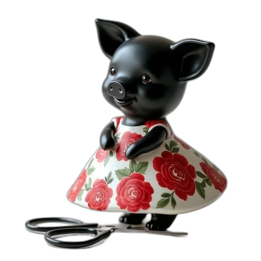 staff, 3d render, photorealistic, black, porcelain, figurine, piglet, wearing transparent PNG cut-out
