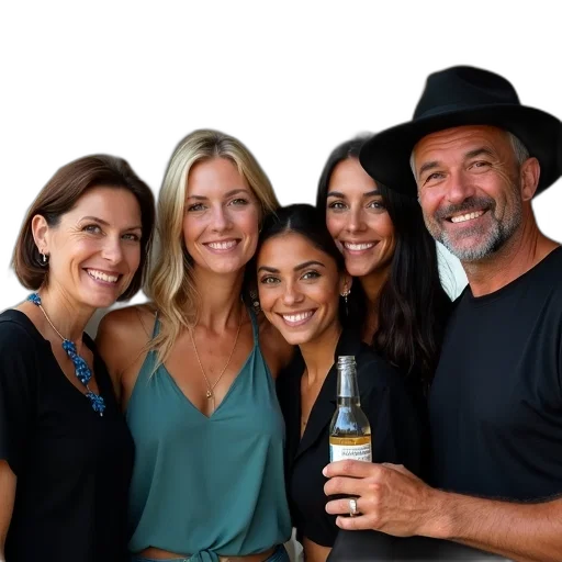 hat, bottle, staff, group, five, people, posing, photo transparent PNG cut-out