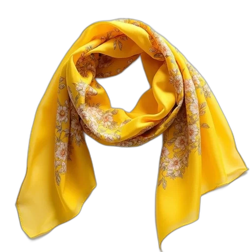 golden, yellow, silk, scarf, floral, pattern, draped, over transparent PNG cut-out