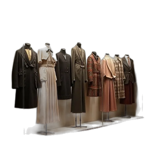 dress, jacket, earth tones, dark, museum, display, case, filled transparent PNG cut-out