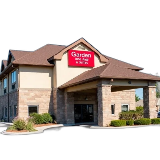 building, two-story, brown, roof, red, sign, reads, garden transparent PNG cut-out