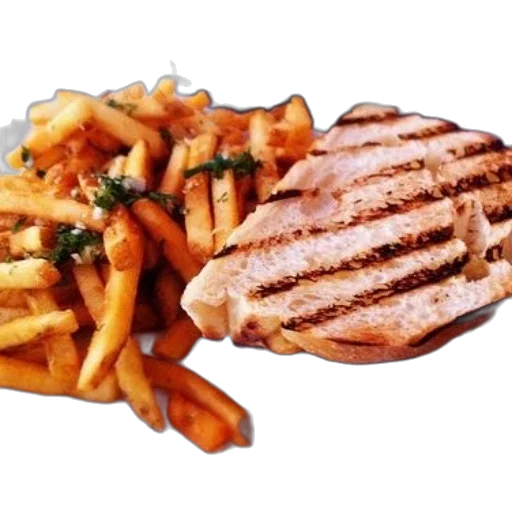 food, 3d render, photorealistic, grilled, sandwich, fries, white, plate transparent PNG cut-out