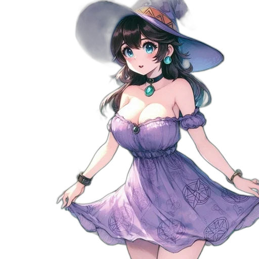 dress, hat, staff, concept art, fantasy art, anime, watercolor, pastel transparent PNG cut-out
