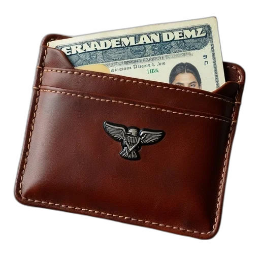 brown, leather, wallet, visible, logo, front, open, reveal transparent PNG cut-out