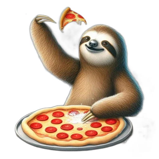 food, animal, whimsical, illustration, smiling, sloth, eating, pizza transparent PNG cut-out