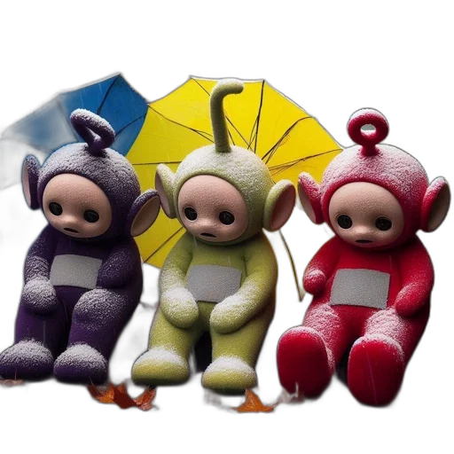 umbrella, 3d render, concept art, rain, three, distinctive, teletubbies, characters transparent PNG cut-out