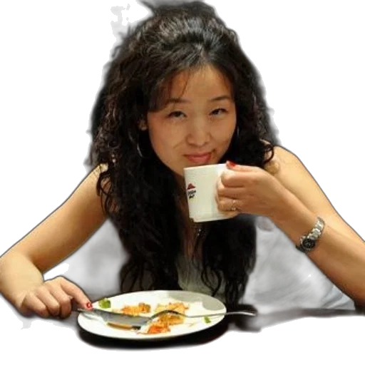 food, photorealistic, 3d render, vaporwave, oil painting, woman, enjoys, meal transparent PNG cut-out