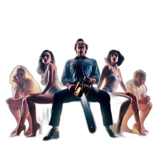 staff, concept art, man, holds, chainsaw, amidst, five, people transparent PNG cut-out