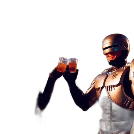 robot, weapon, 3d render, concept art, pixel art, vaporwave, outer space, golden transparent PNG cut-out