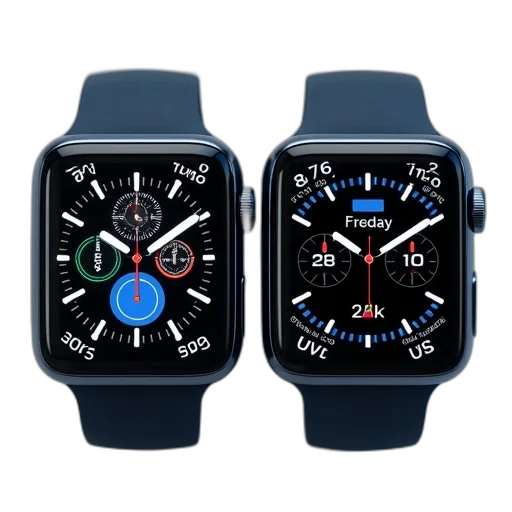 pair, smartwatches, black, blue, color, scheme, displayed, side transparent PNG cut-out