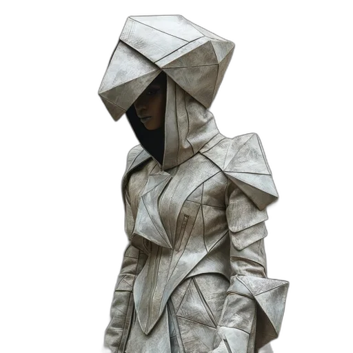 jacket, dress, umbrella, mask, 3d render, concept art, cyberpunk, photorealistic transparent PNG cut-out