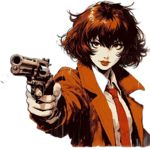 weapon, jacket, face, comic book art, anime, concept art, cyberpunk, fire transparent PNG cut-out